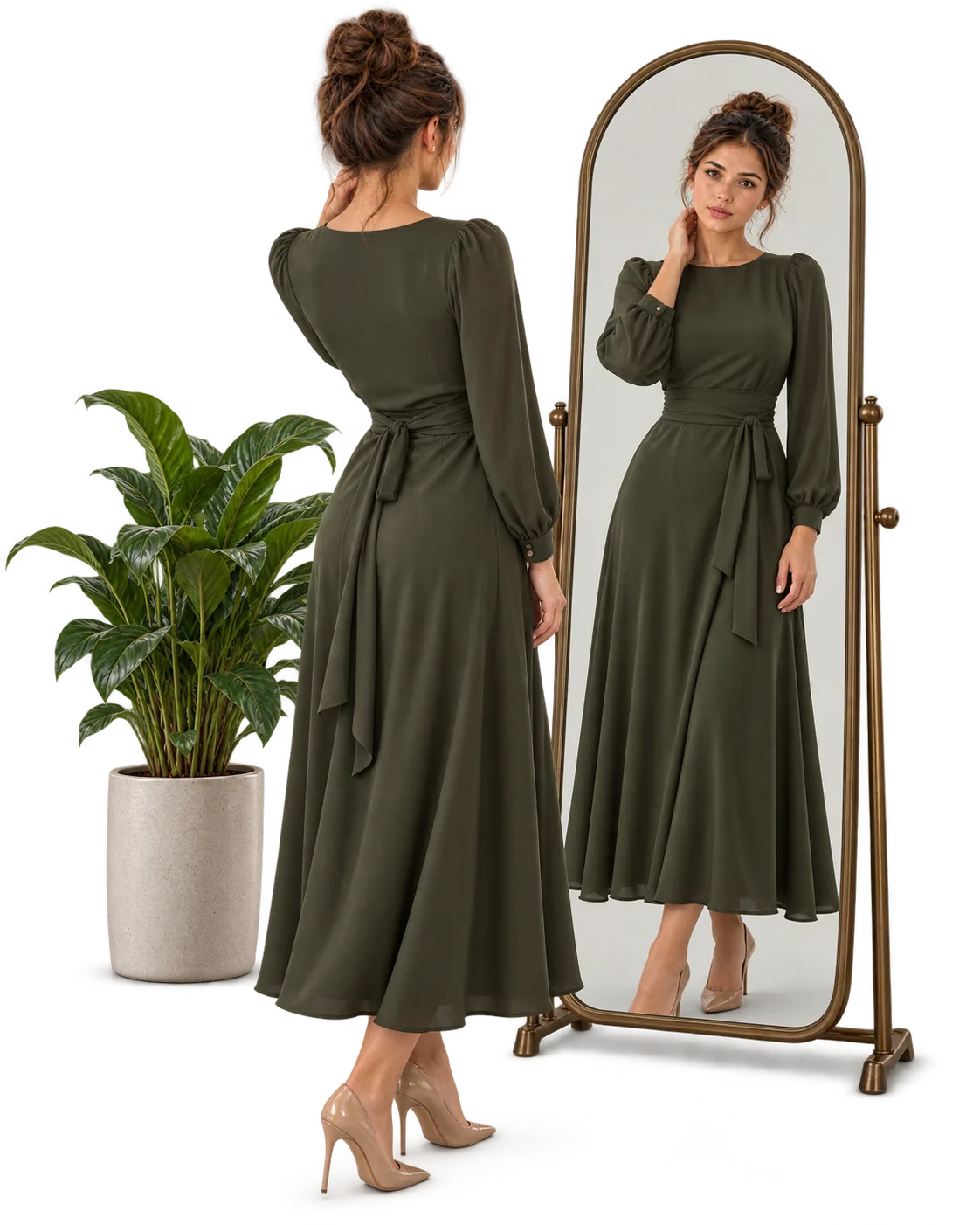Woman checking her look in a mirror, representing virtual try-on before buying online